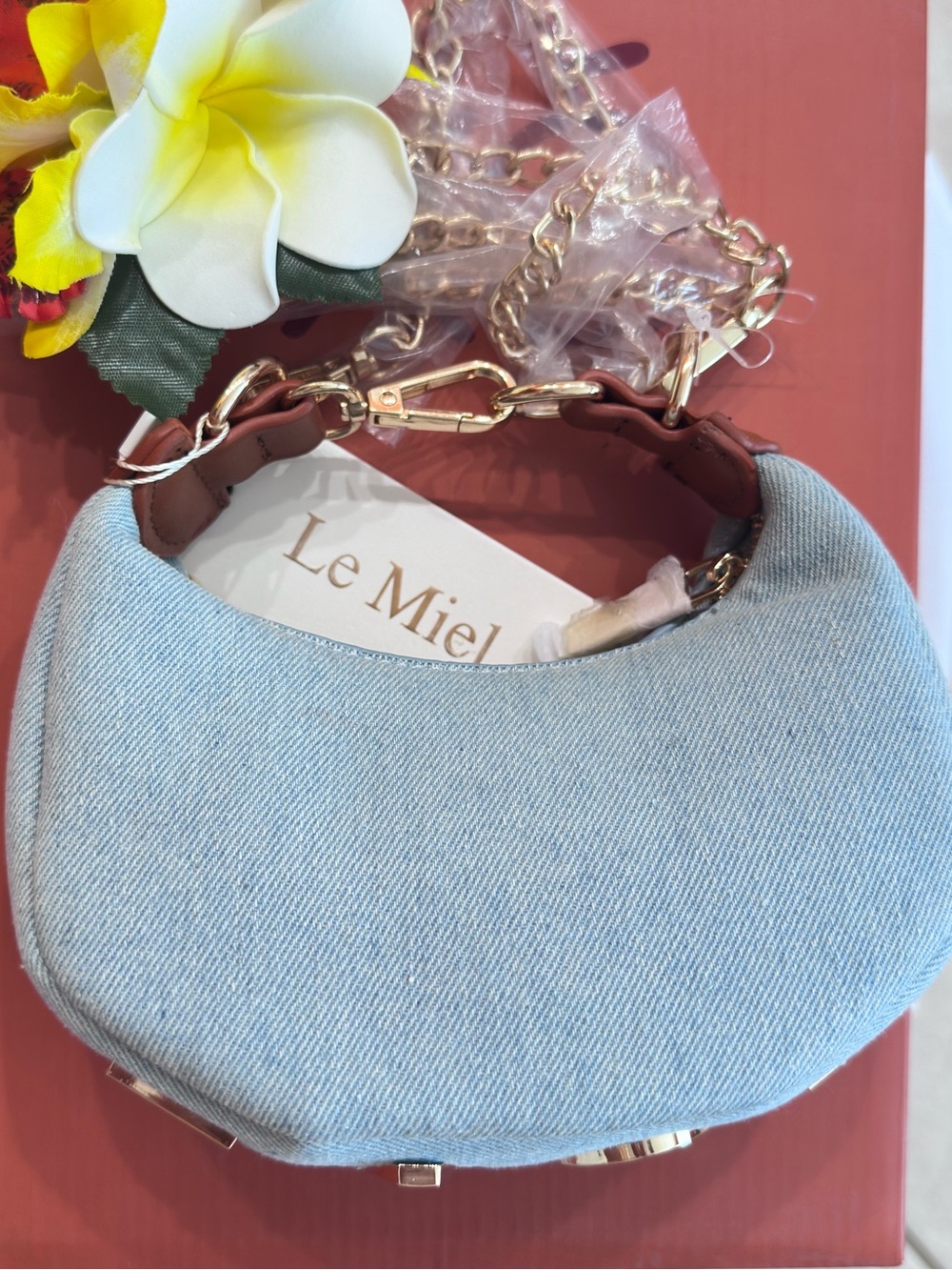 LE MIEL ~ Light Wash Denim Gold Studded Mini Bag w/Crossbody Chain Vegan PU - Picture 10 of 11